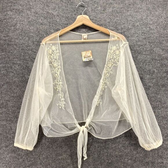 New Mudd Top Women XL Beige Floral Embroidered Sheer Tie Up V-Neck Long Sleeve - Picture 3 of 8